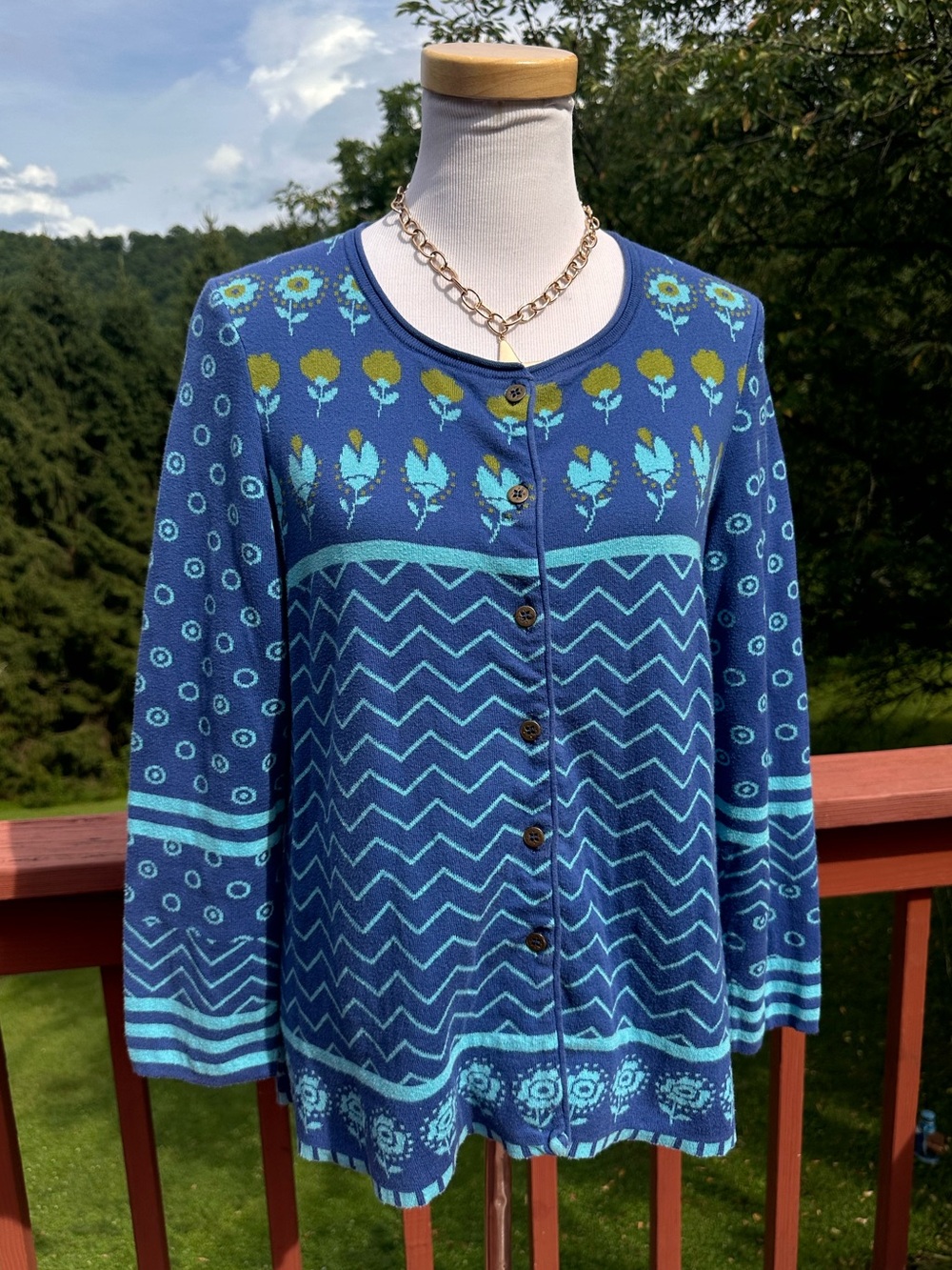 Gudrun Sjoden Blue Teal Floral Chevron Button Cardigan Organic Cotton